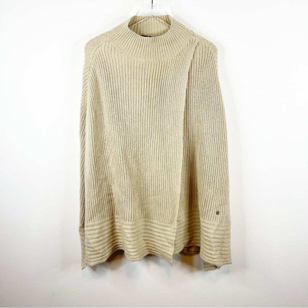 Lauren Ralph Lauren Wool Blend Faux Wrap Poncho‎ L/XL Tan